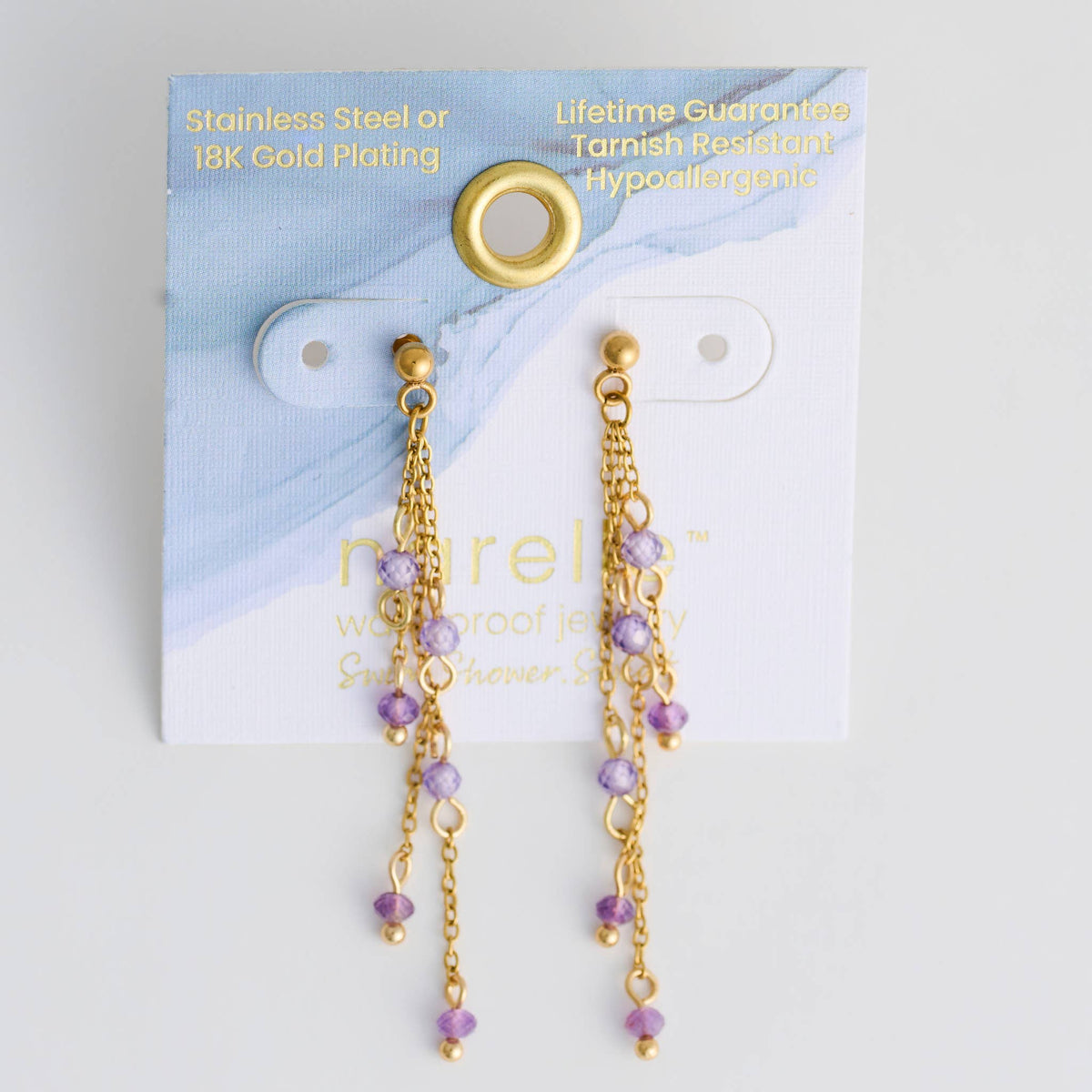 Howard's - Waterproof Earrings Amethyst Drop Narelle Gold Beaded Chain
