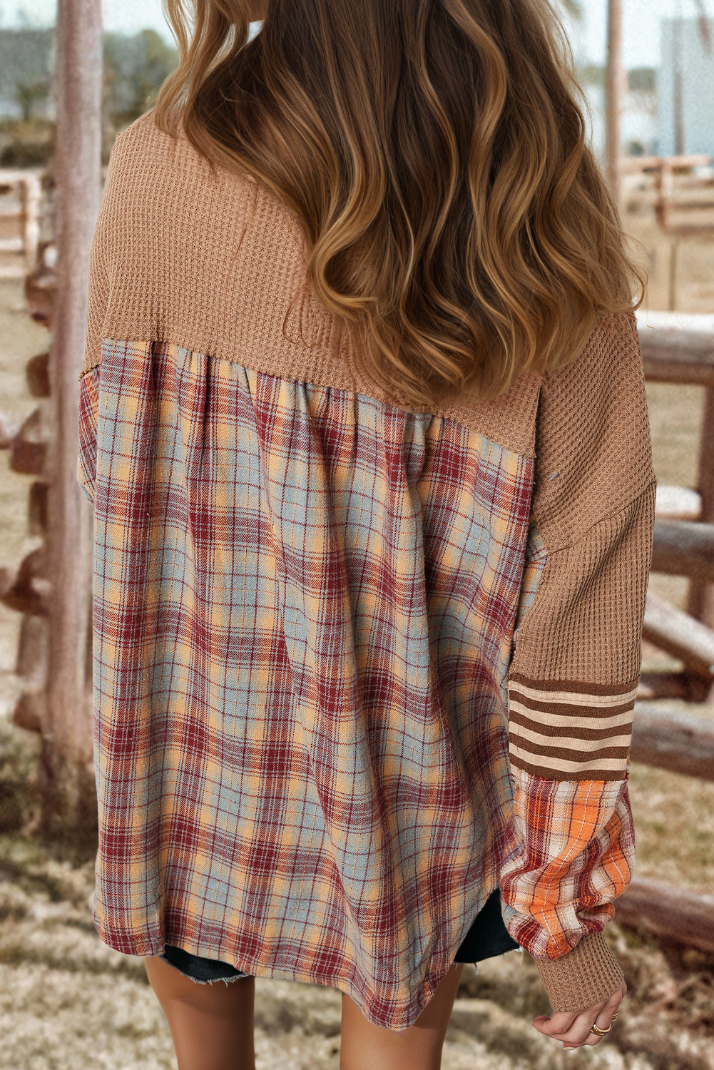 Western Waffle Stripe Plaid Patchwork Henley Knit Top