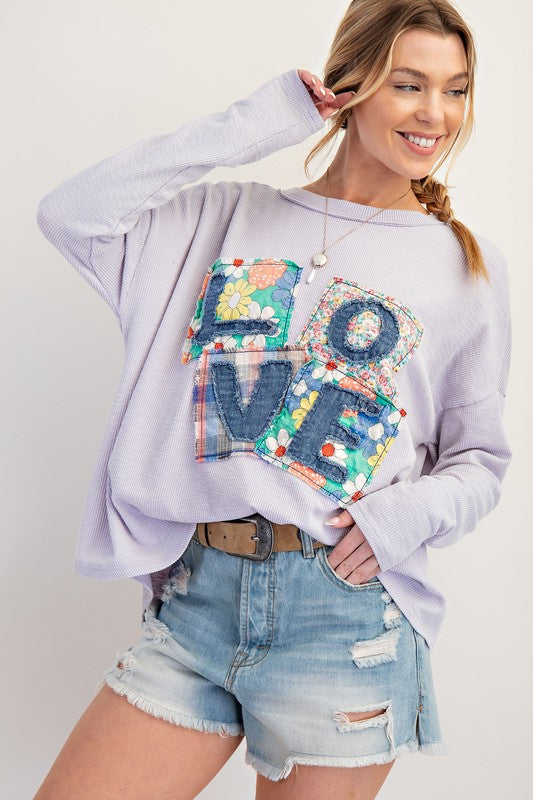 Easel LOVE PATCH RIB KNIT MINERAL WASHED TOP