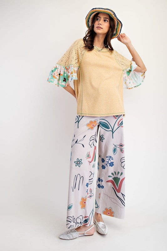 Easel PRINT N LACE MIX RIB KNIT TUNIC