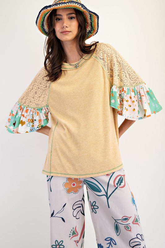 Easel PRINT N LACE MIX RIB KNIT TUNIC