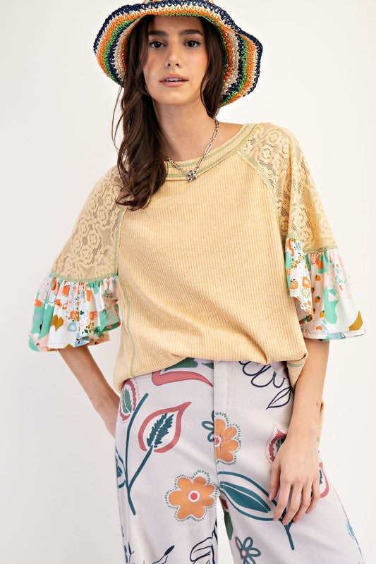 Easel PRINT N LACE MIX RIB KNIT TUNIC