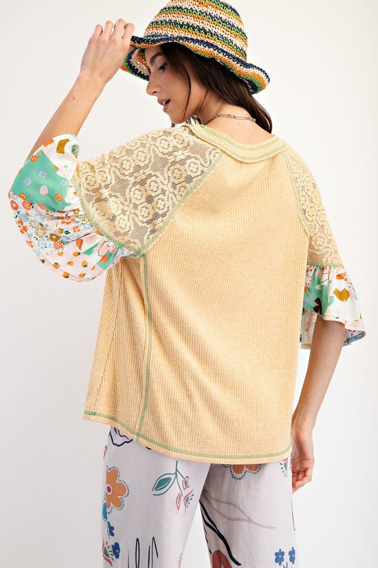 Easel PRINT N LACE MIX RIB KNIT TUNIC