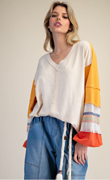 Easel V-Neck Color Mix Washed Cotton Pullover