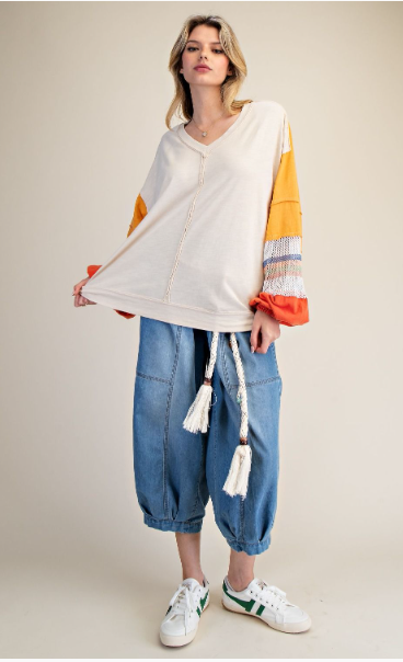 Easel V-Neck Color Mix Washed Cotton Pullover