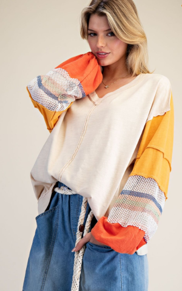 Easel V-Neck Color Mix Washed Cotton Pullover