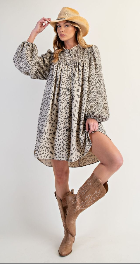 EASEL ANIMAL PRINTED BUTTON DOWN SWING DRESS