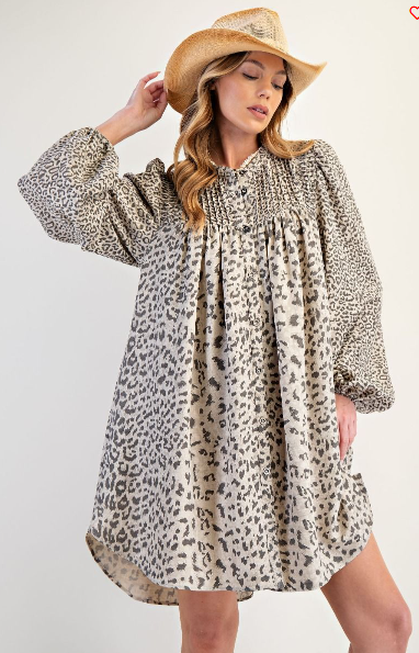 EASEL ANIMAL PRINTED BUTTON DOWN SWING DRESS