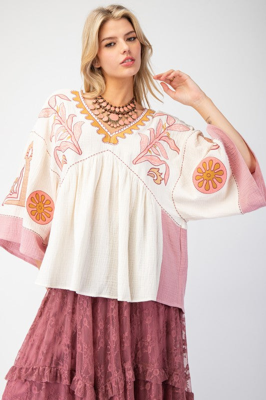 Easel Embroidery Detailing Cotton Gauze Babydoll Top