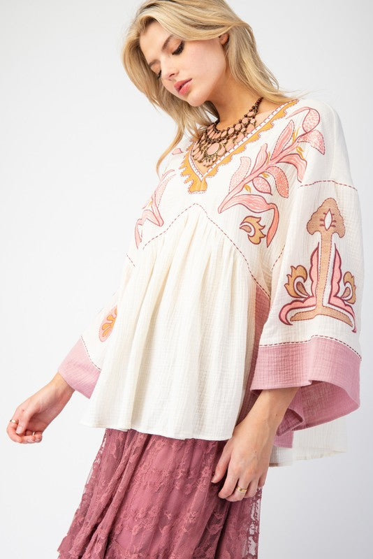 Easel Embroidery Detailing Cotton Gauze Babydoll Top