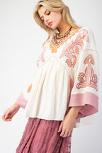 Easel Embroidery Detailing Cotton Gauze Babydoll Top