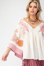 Easel Embroidery Detailing Cotton Gauze Babydoll Top