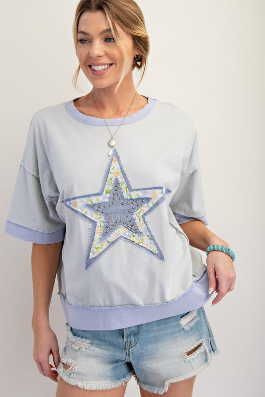 Easel Star Patch Mineral Washed Knit Top