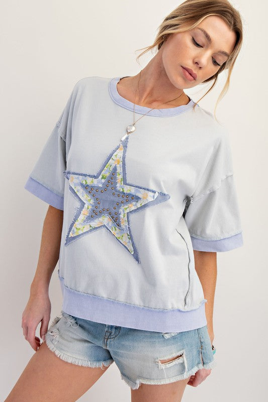 Easel Star Patch Mineral Washed Knit Top