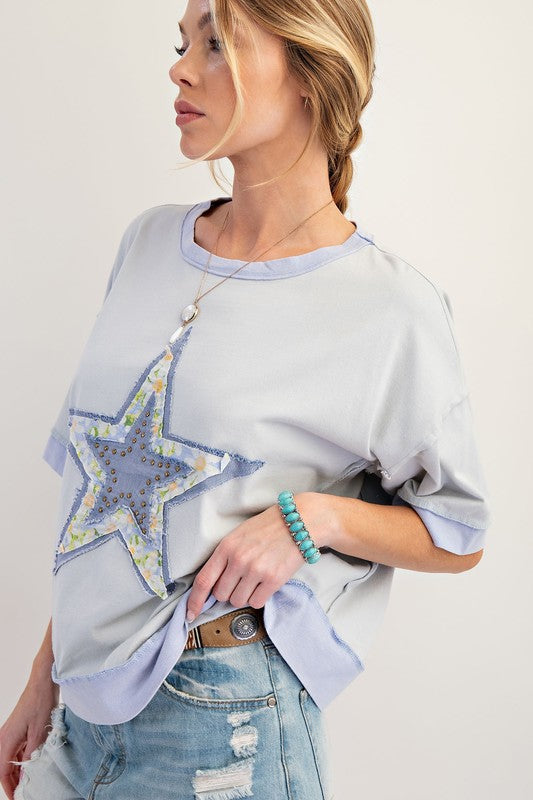 Easel Star Patch Mineral Washed Knit Top