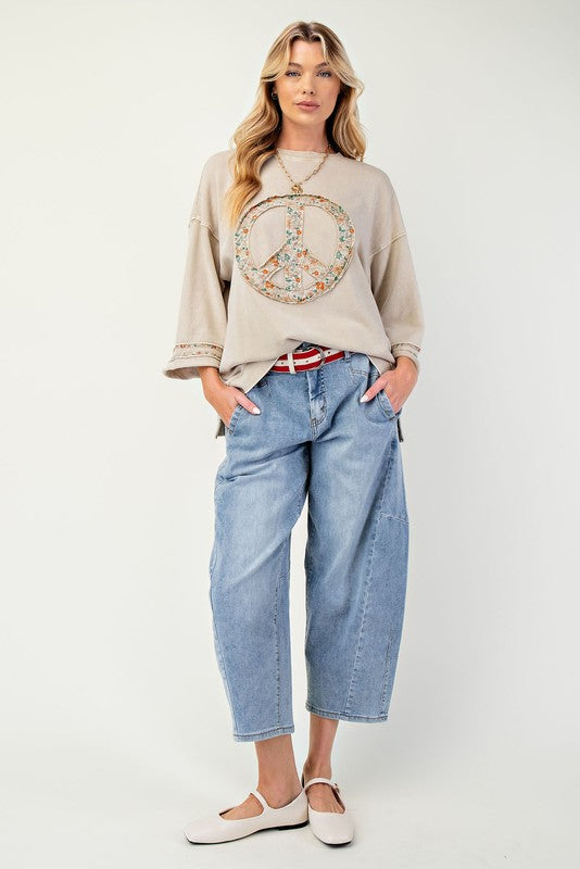 Easel Mineral Washed Terry Floral Peace Sign Pullover