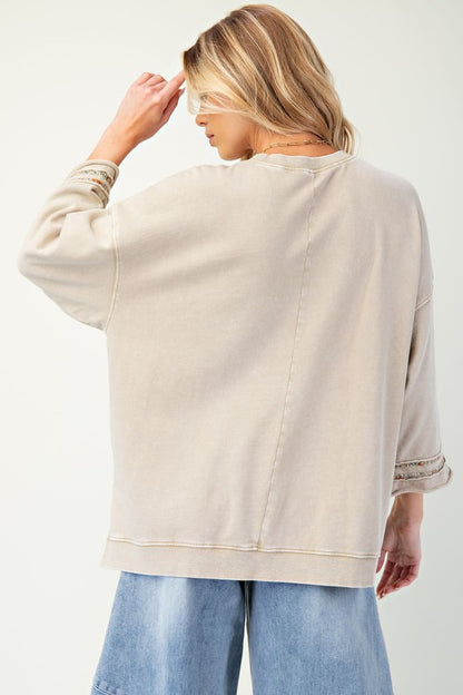 Easel Mineral Washed Terry Floral Peace Sign Pullover