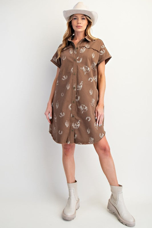 Western Printed Washed Twill Shirt Dress