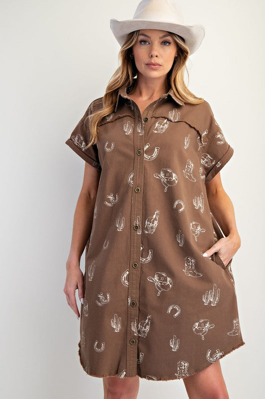 Western Printed Washed Twill Shirt Dress
