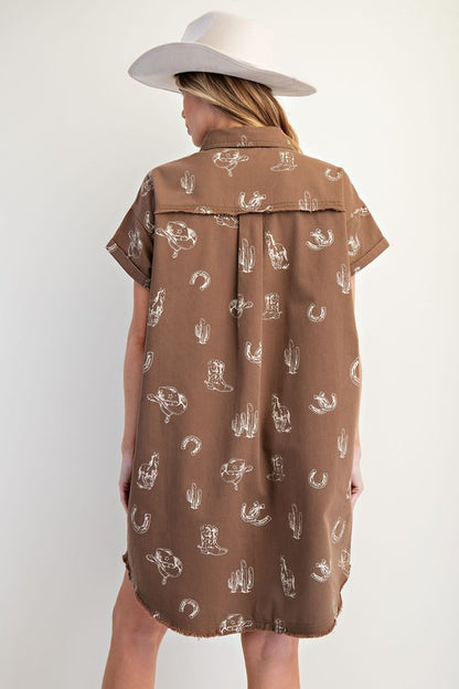 Western Printed Washed Twill Shirt Dress