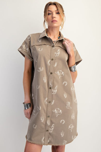 Western Printed Washed Twill Shirt Dress