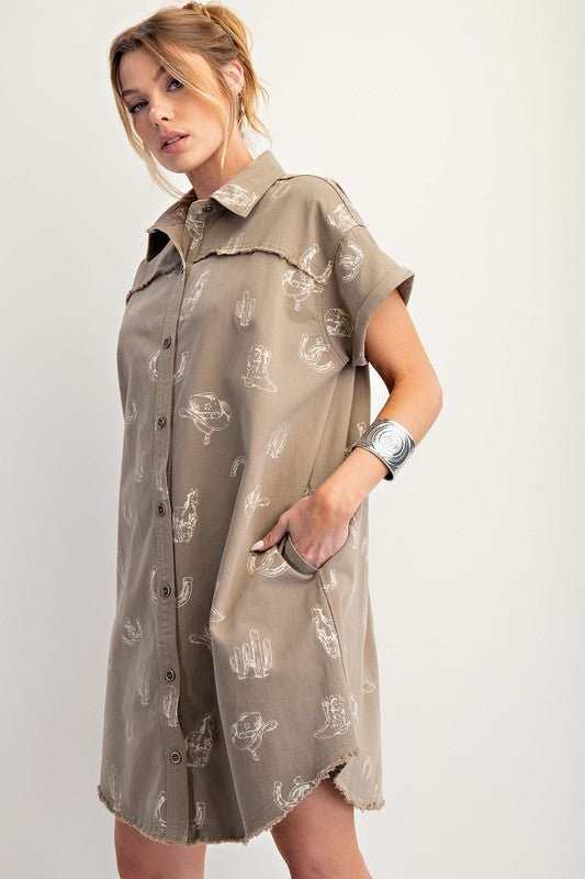 Western Printed Washed Twill Shirt Dress
