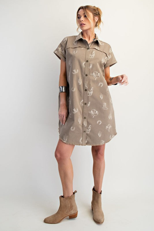 Western Printed Washed Twill Shirt Dress