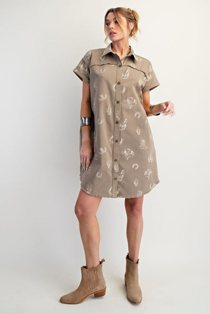 Western Printed Washed Twill Shirt Dress