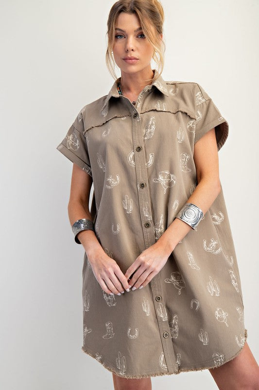 Western Printed Washed Twill Shirt Dress