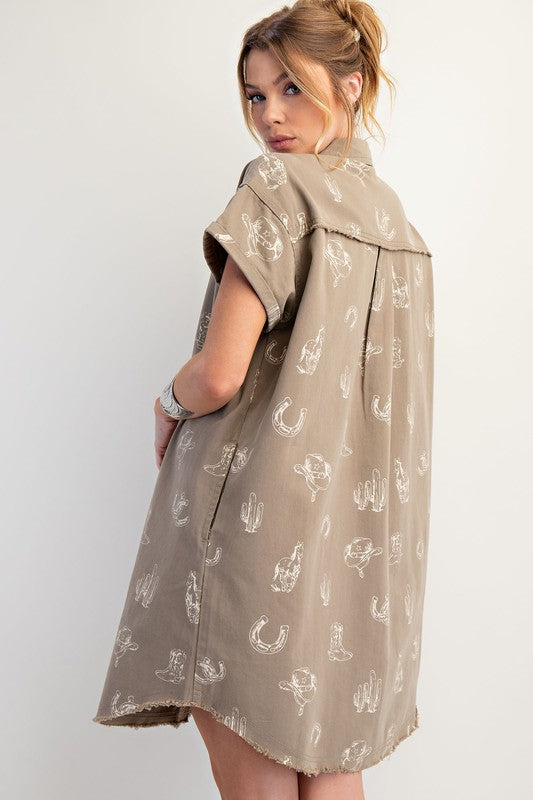 Western Printed Washed Twill Shirt Dress