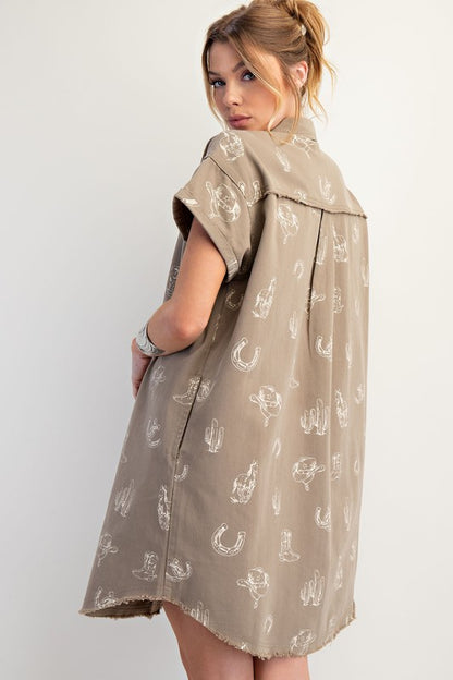 Western Printed Washed Twill Shirt Dress