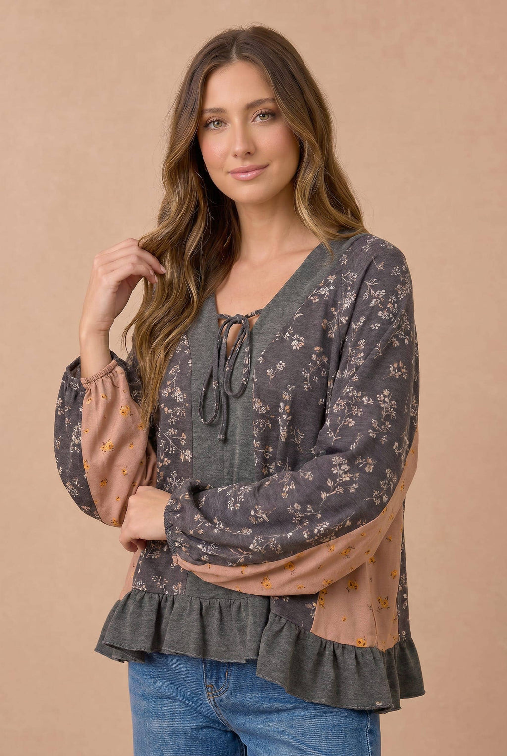 Haptics - Floral Color Block Peplum Raglan Top