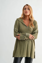 Cotton Blend Waffle Knit Oversized Collared Long Sleeve