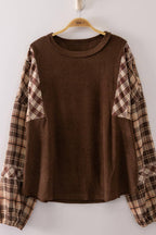 Havanah Contrast Plaid Sleeve Top