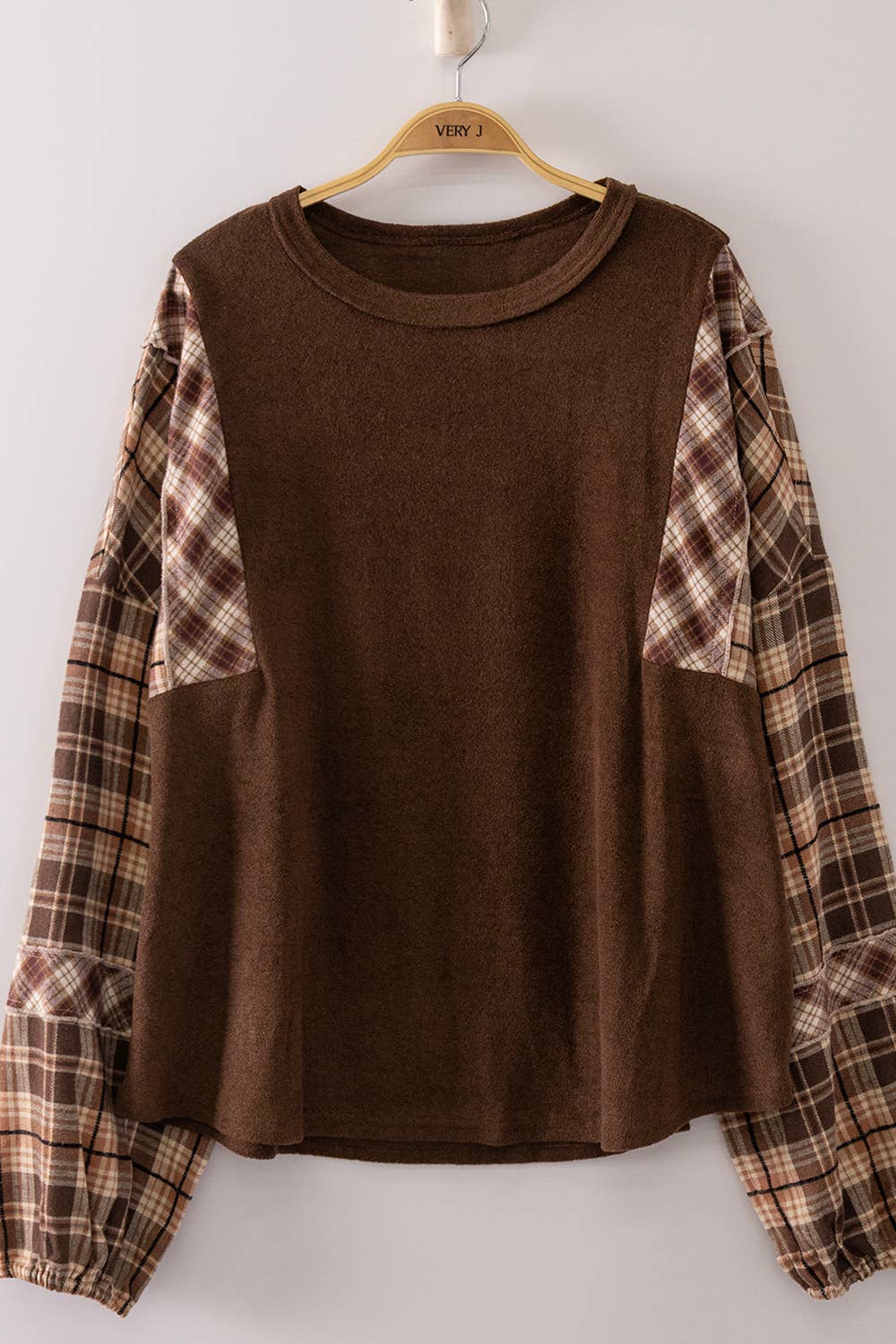 Havanah Contrast Plaid Sleeve Top