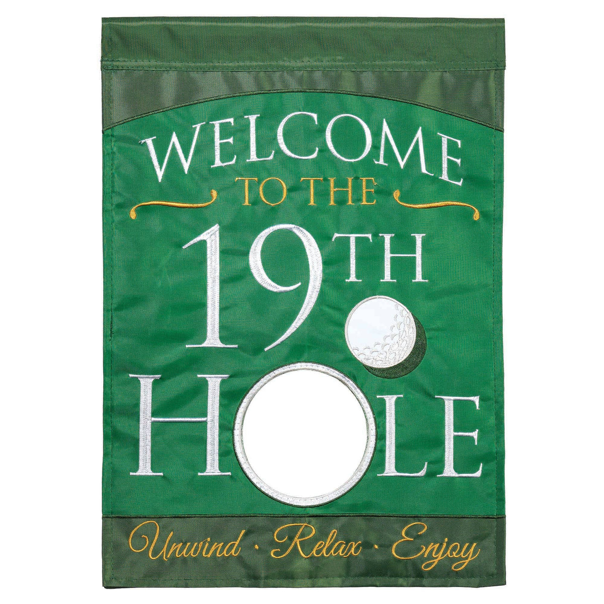 WELCOME 19TH HOLE BURLAP LARGE HOUSE FLAG DOUBLE APPLIQUE