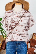 Fashion-W Western Desert Sand Print Short Sleeve Knit Top