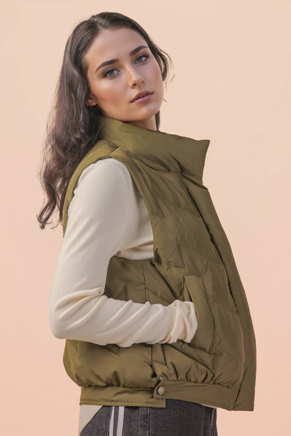 Bermie Mock Neck Casual Zigzag Quilted Puffer Vest