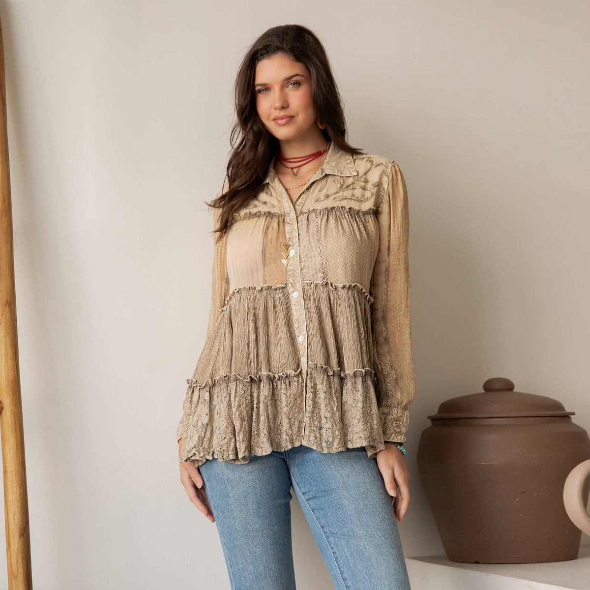 Young Threads - Mineral Wash Tiered Button-Down Blouse with Floral Details