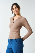 Essential Long-Sleeved Micro-Ribbed Henley Top-Mono B