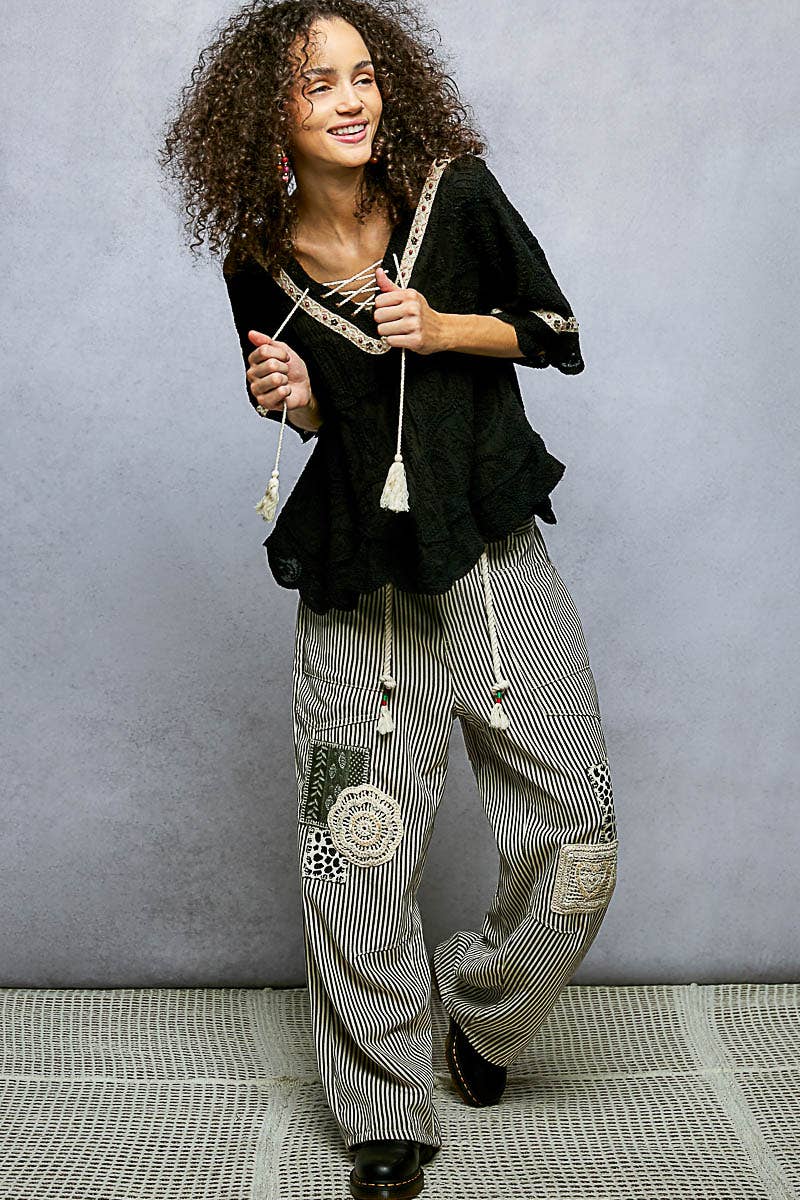 Pol Clothing - Short Sleeve Adjustable Drawstring Crochet V Neck Top