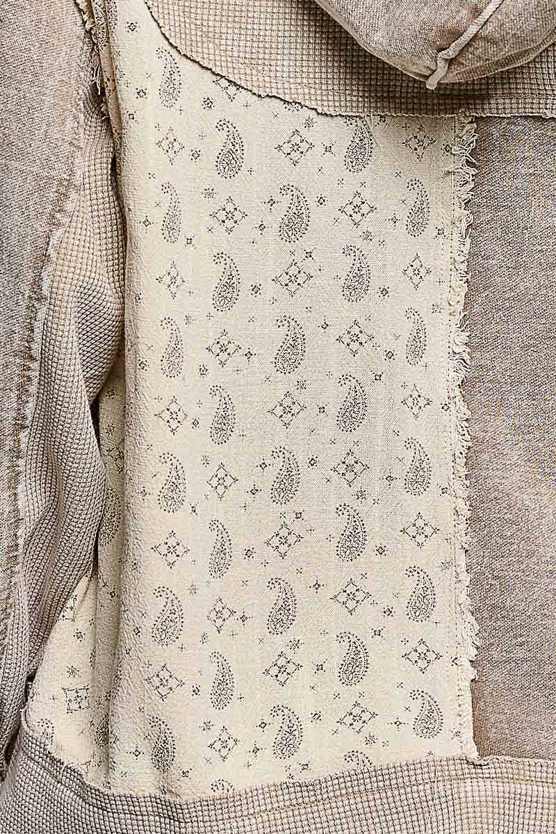 Pol Clothing - Mixed-Texture Patchwork Henley Button Patch Hoodie