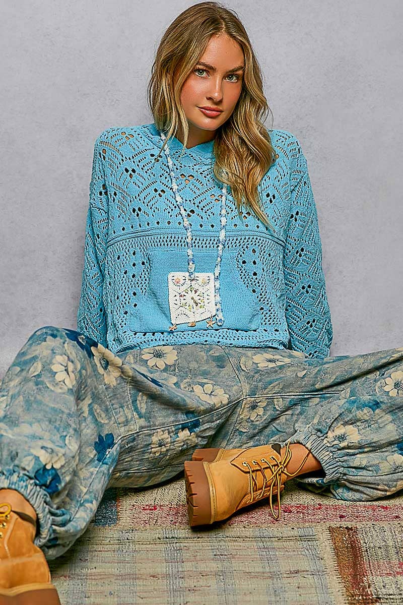 Pol Clothing - Chenille Crochet Lightweight Pullover Hoodie Sweater