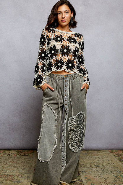 Pol Clothing - Round Neck Floral Weave Knit Long Sleeve Crochet Top