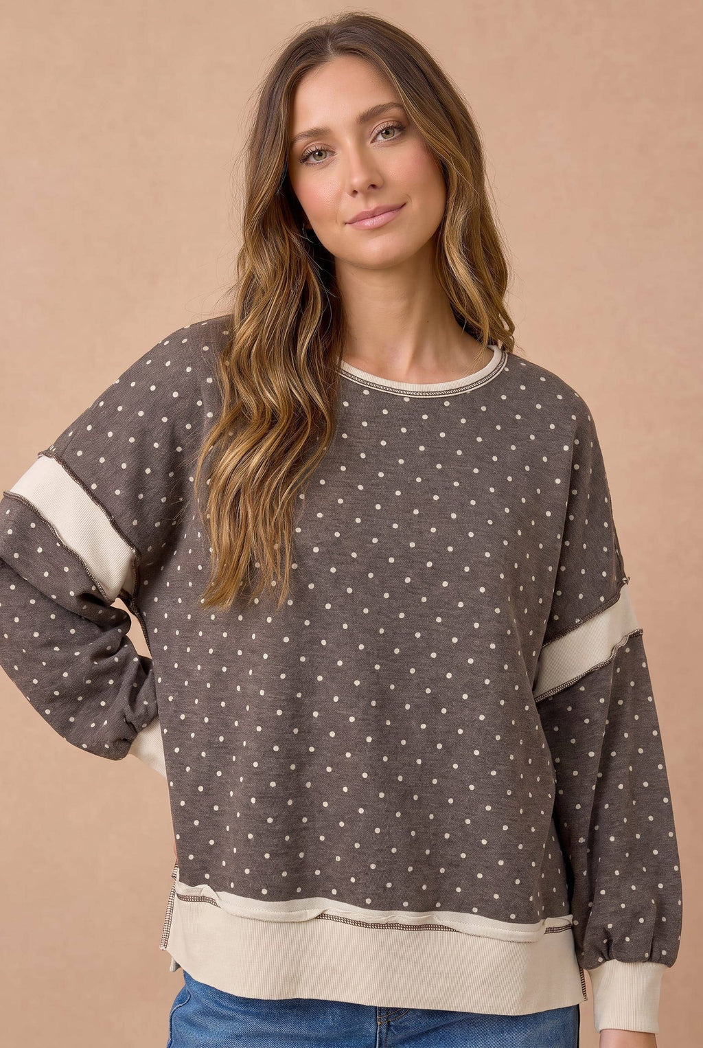Haptics - Polka Dot Colorblock Cutout Back Pullover