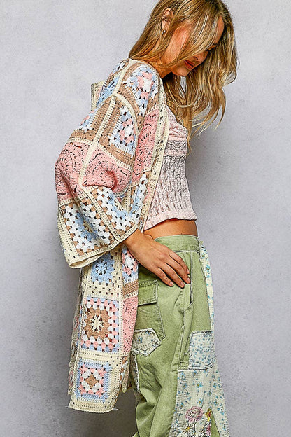 Long Sleeve Granny Square Crochet Open Cardigan-Pol Clothing One Size Fits Most
