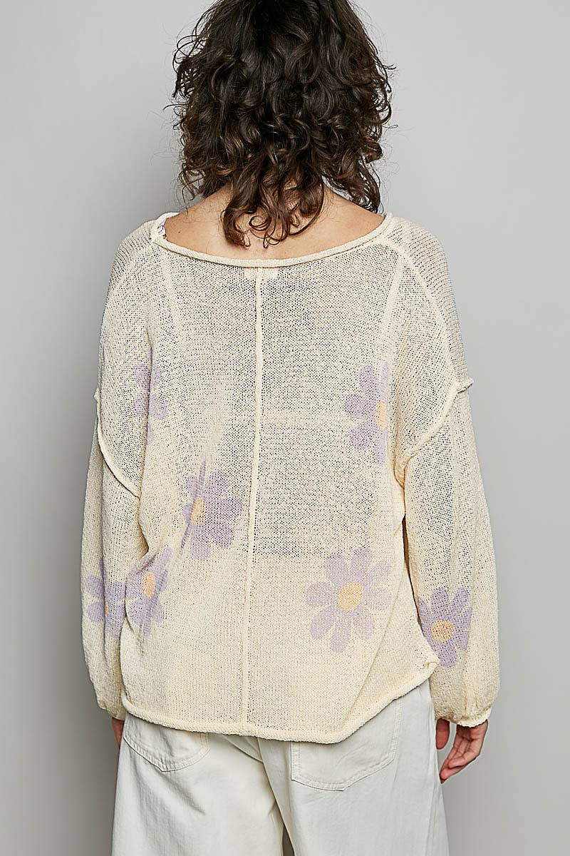 Pol Clothing - Round Neck Balloon Sleeve Floral Print Thin Sweater
