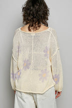 Pol Clothing - Round Neck Balloon Sleeve Floral Print Thin Sweater