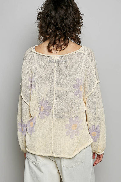 Pol Clothing - Round Neck Balloon Sleeve Floral Print Thin Sweater