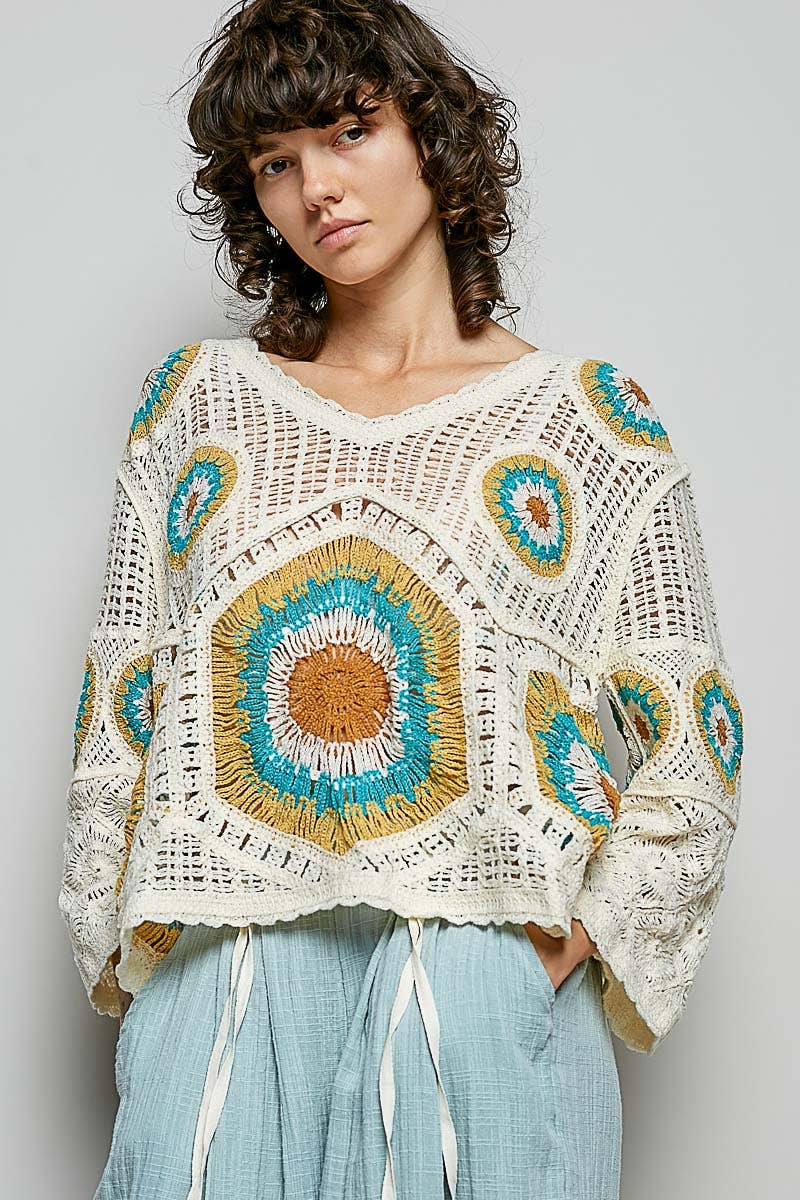 Pol Clothing - V-Neck Granny Circle Motif Scalloped Edge Crochet Top